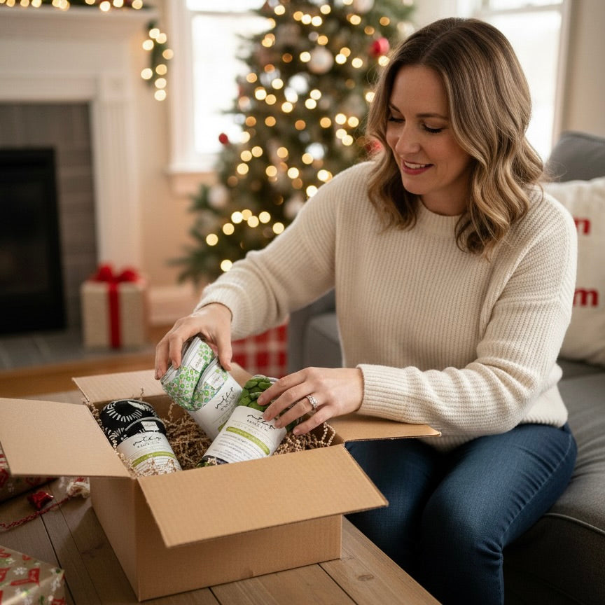 Woman packing items into a box with a Christmas tree and presents in the background