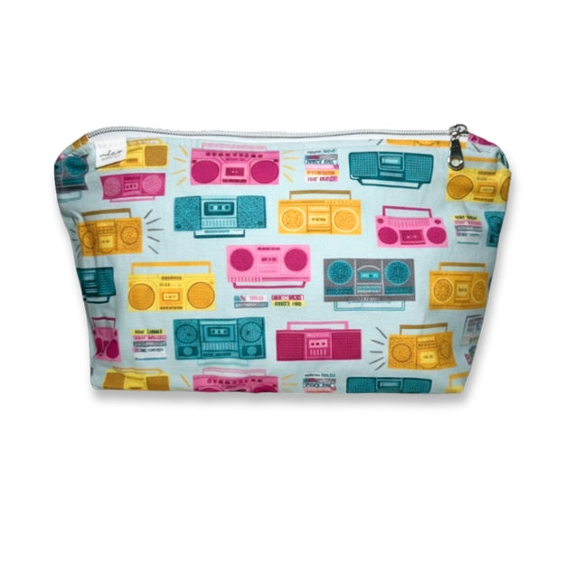 zippered Pouch with retro boombox pattern on a white background