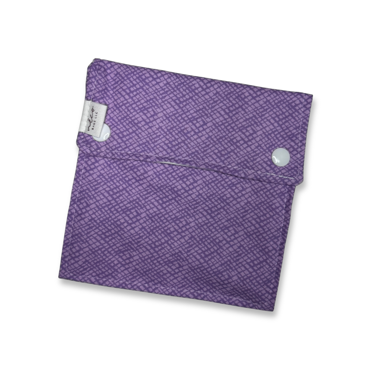 Purple fabric pouch with a textured pattern on a white background
