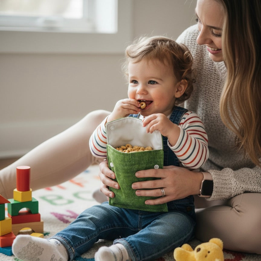 Woman holding a green snack bag with a child sitting on her lap, surrounded by toys eating snacks from a reusable snack bags