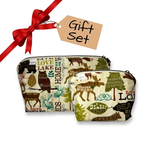 Two fabric pouches with nature-themed design and a red ribbon, labeled 'Gift Set'.